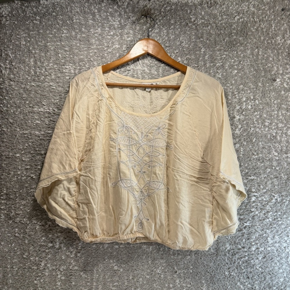 Poupette St Barth Tan Crop Batwing Top Elastic Hem Boho Peasant Viscose OS